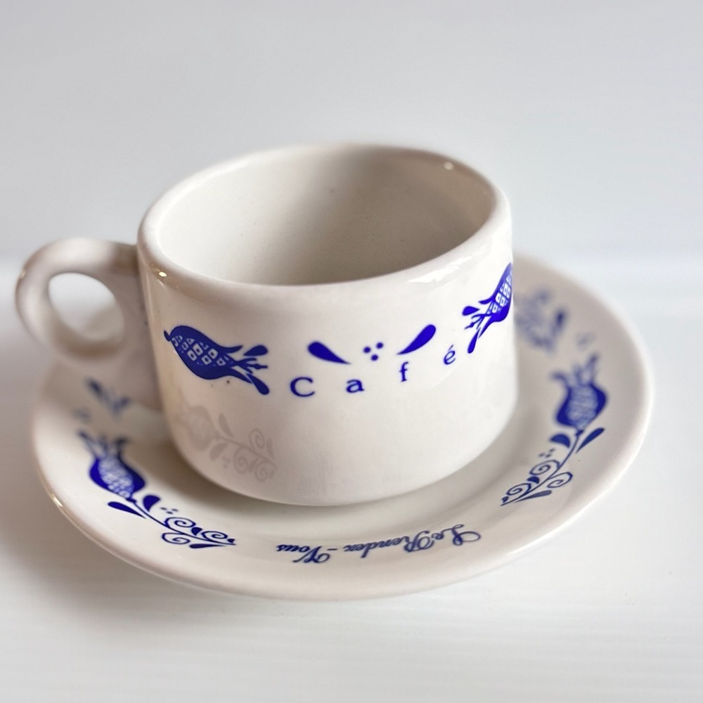Vintage Anfora Cafe Cup and Saucer Blue Folk Design Mexico